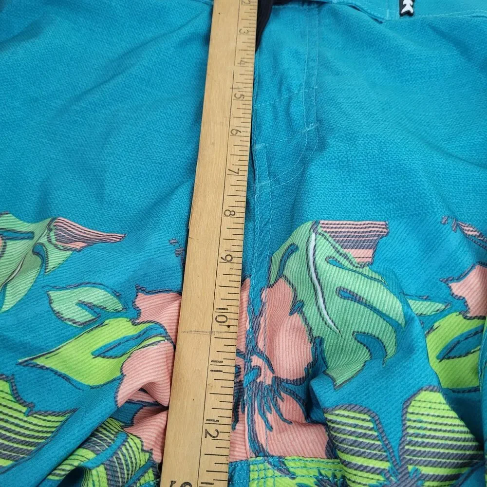 Maui and Sons aqua men's swim trunks pink green Hawaiian tropical print 36